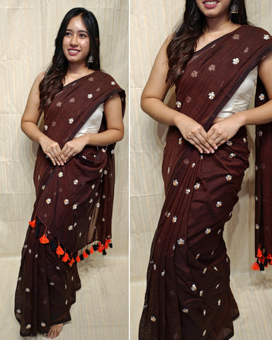 Soft mul cotton saree (flower embroidery)