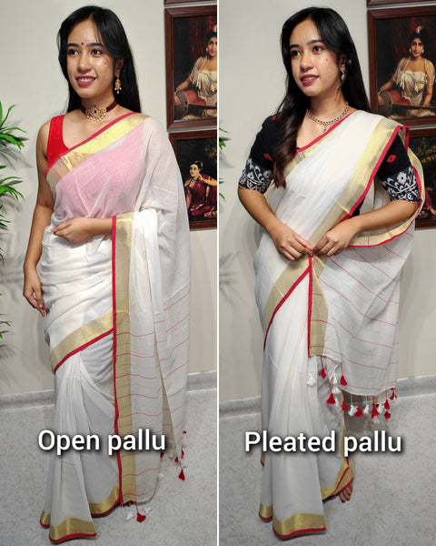 Soft mul cotton saree red white combo